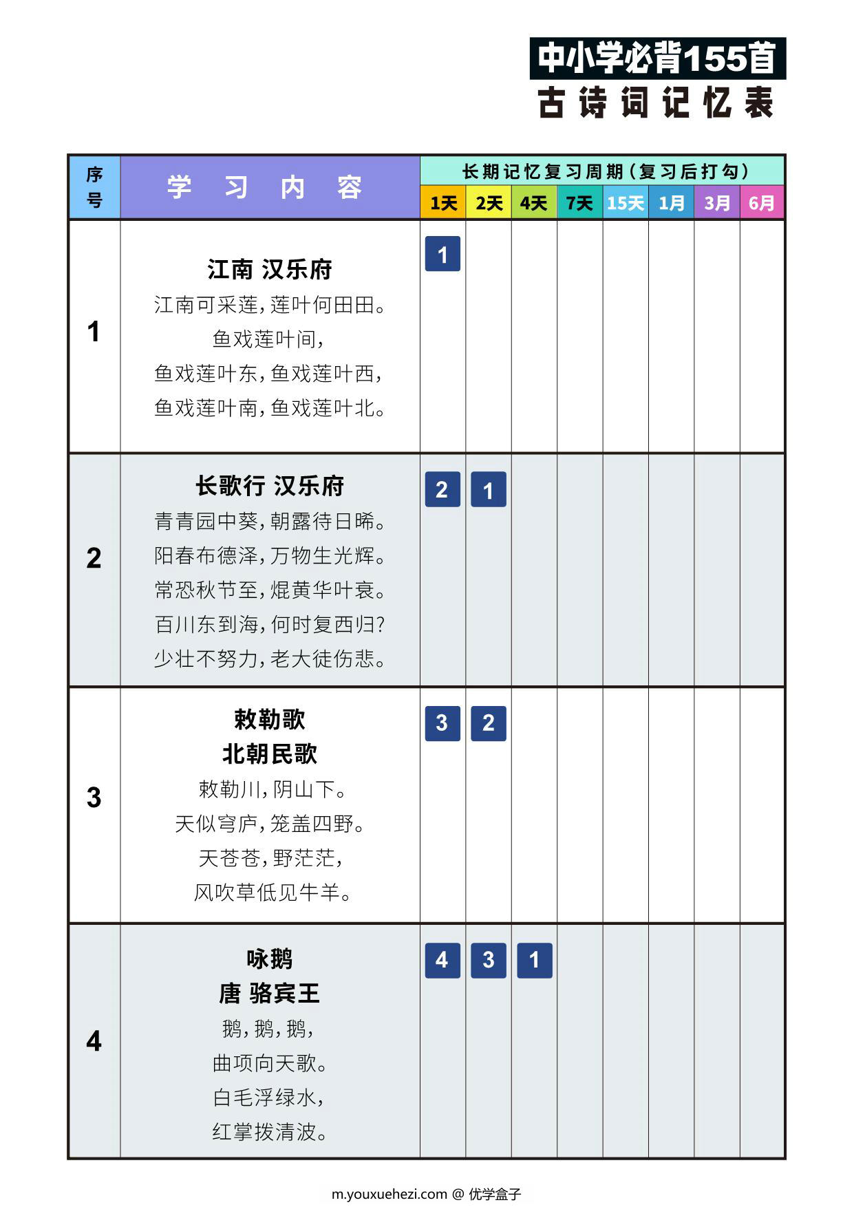 图片[1]-155首古诗词艾宾浩斯记忆表，43页PDF可打印-优学盒子