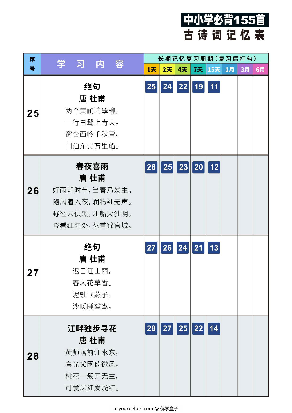图片[2]-155首古诗词艾宾浩斯记忆表，43页PDF可打印-优学盒子