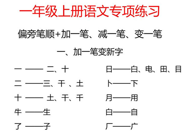 一年级上册语文专项练习：偏旁笔顺+加一笔、减一笔、变一笔，4页PDF可打印-优学盒子