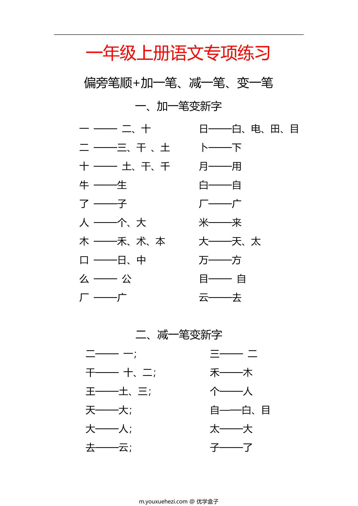 图片[1]-一年级上册语文专项练习：偏旁笔顺+加一笔、减一笔、变一笔，4页PDF可打印-优学盒子