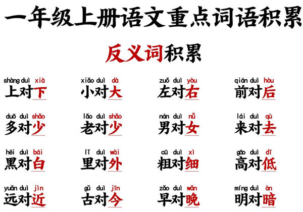 一年级[反义词+近义词]“对子歌”+量词积累，10页PDF可打印-优学盒子