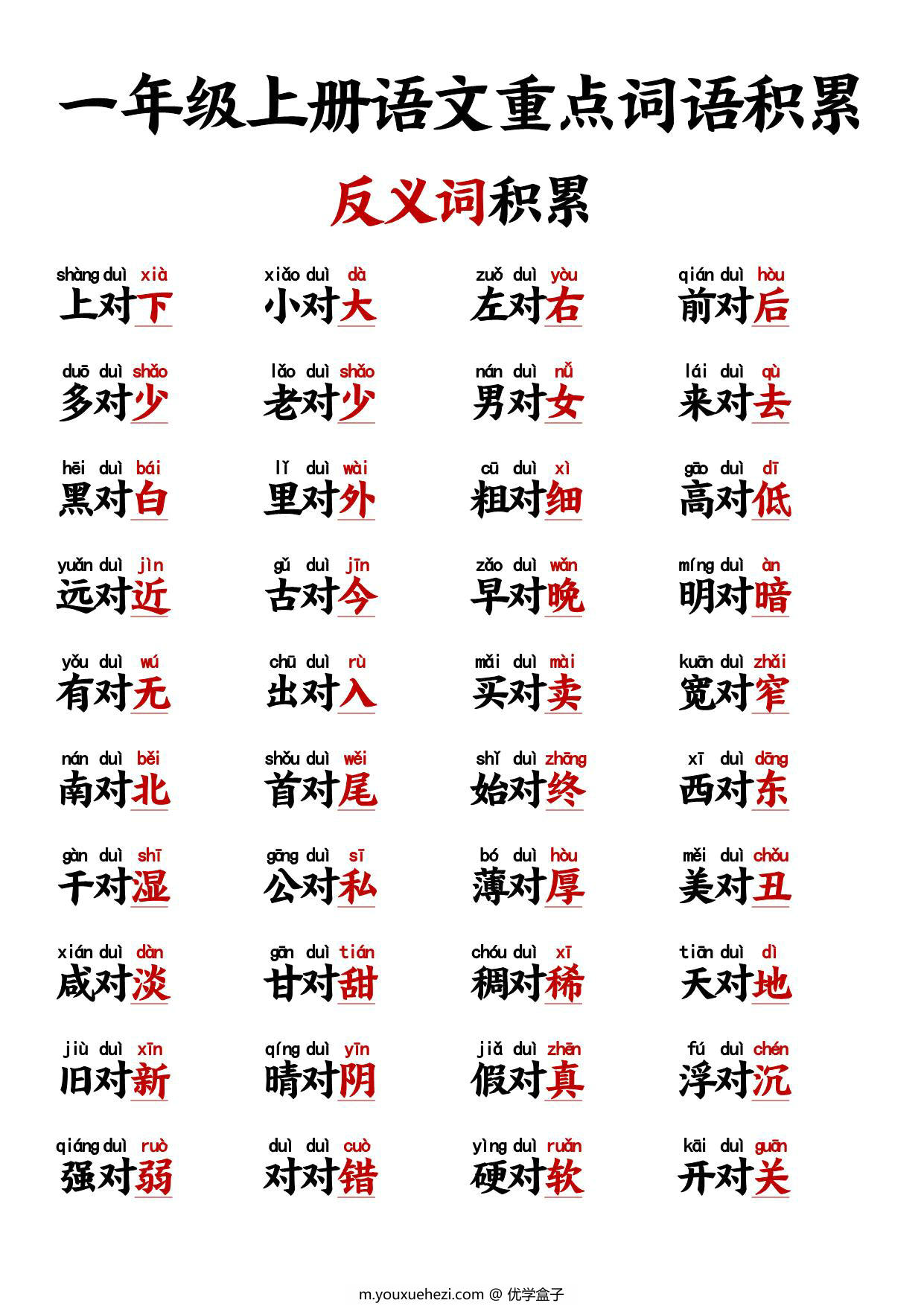 图片[1]-一年级[反义词+近义词]“对子歌”+量词积累，10页PDF可打印-优学盒子