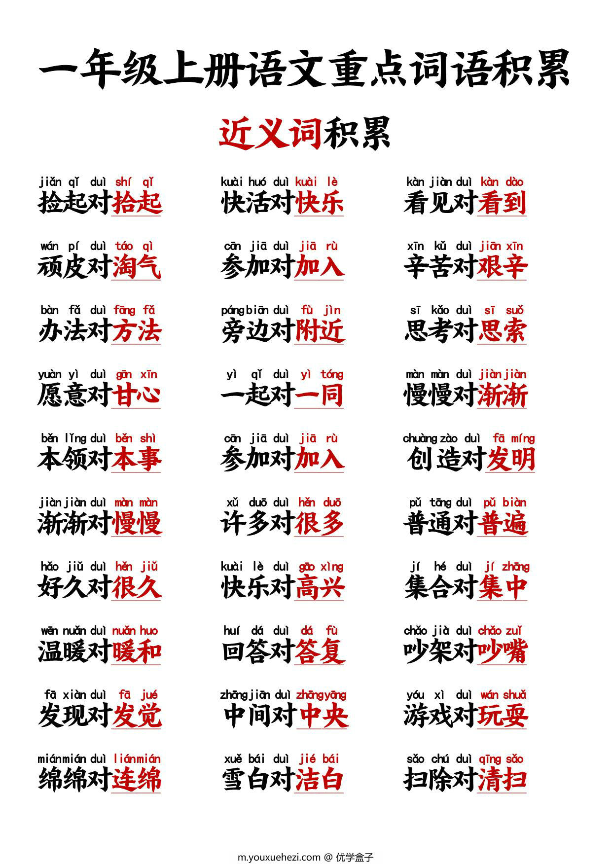 图片[2]-一年级[反义词+近义词]“对子歌”+量词积累，10页PDF可打印-优学盒子
