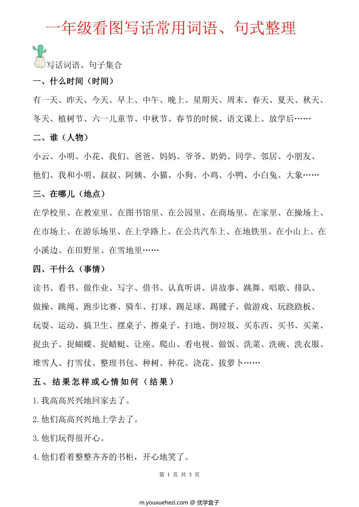 图片[1]-一年级语文看图写话常用词语、句式整理，3页PDF可打印-优学盒子