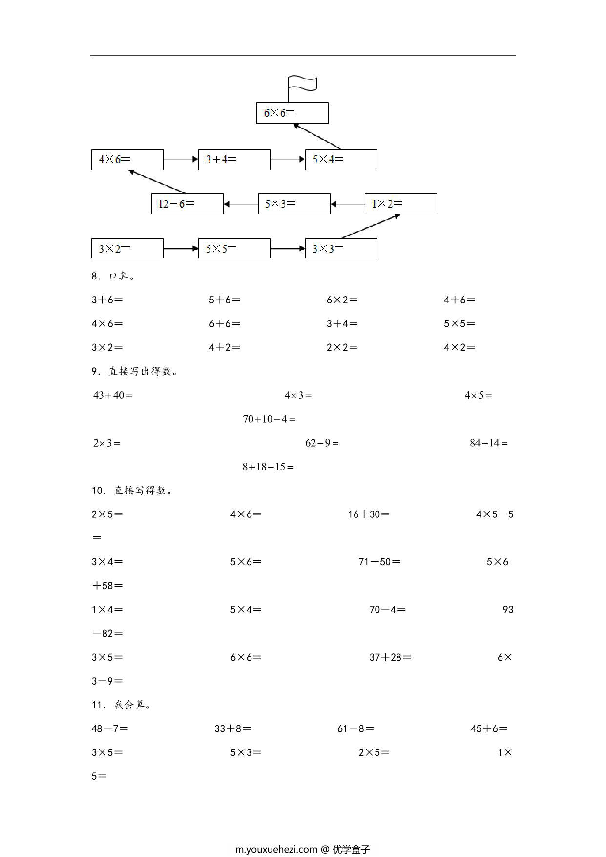 图片[3]-专题2 表内乘法（一）-二年级上册数学计算大通关（人教版），12页PDF可打印-优学盒子