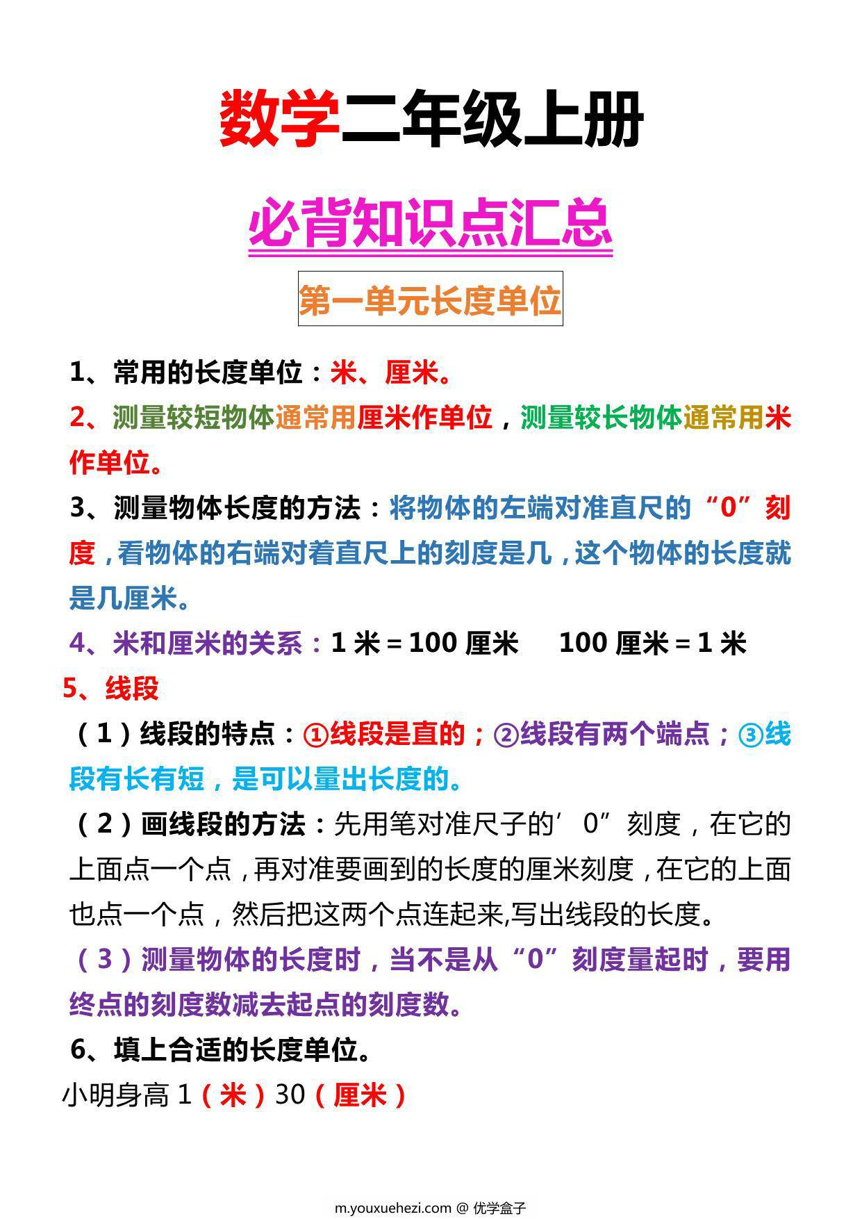 图片[1]-二年级上册数学必背知识点汇总，8页PDF可打印-优学盒子