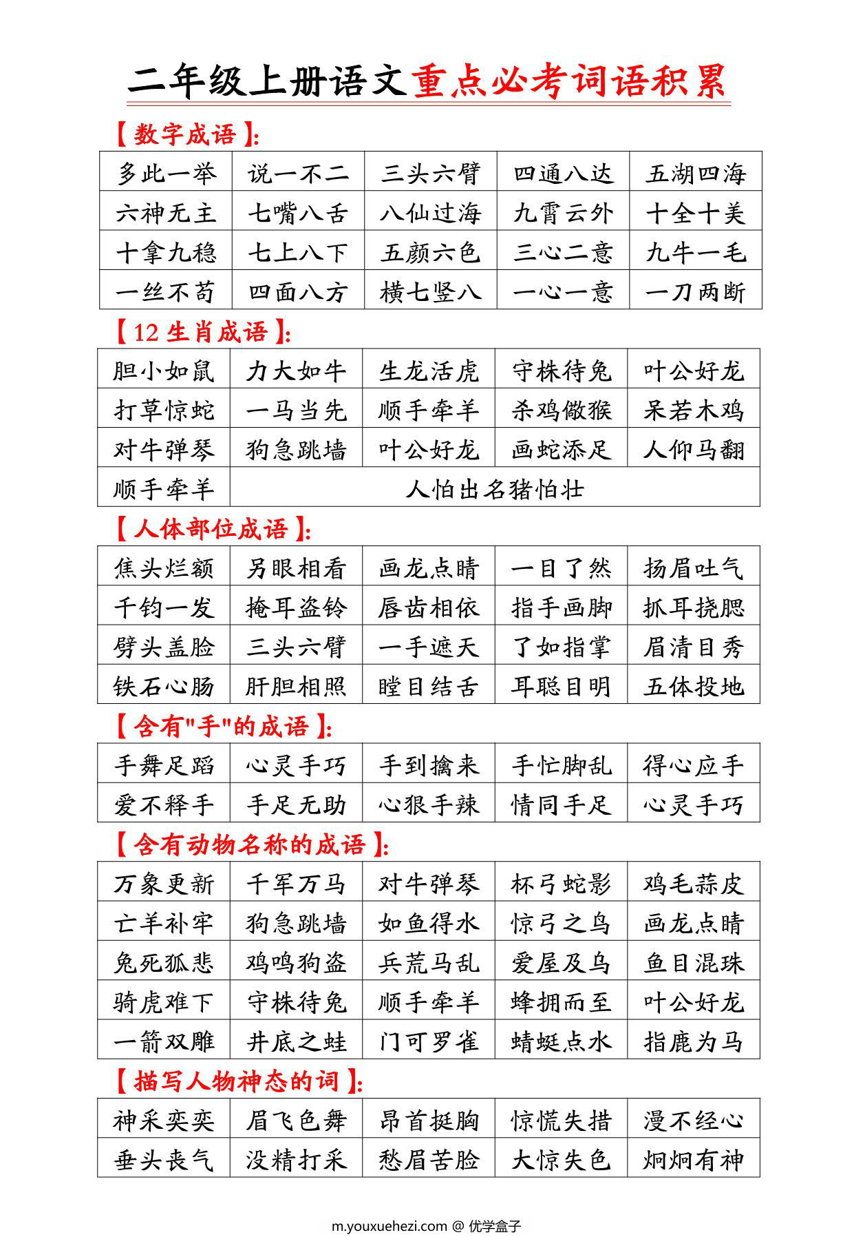 图片[2]-二年级上册语文重点必考词语积累，6页PDF可打印-优学盒子