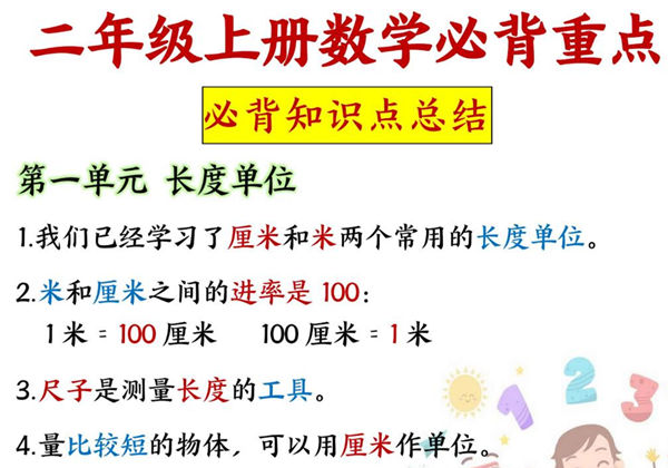 二年级上册数学必背重点（人教版），8页PDF电子版-优学盒子