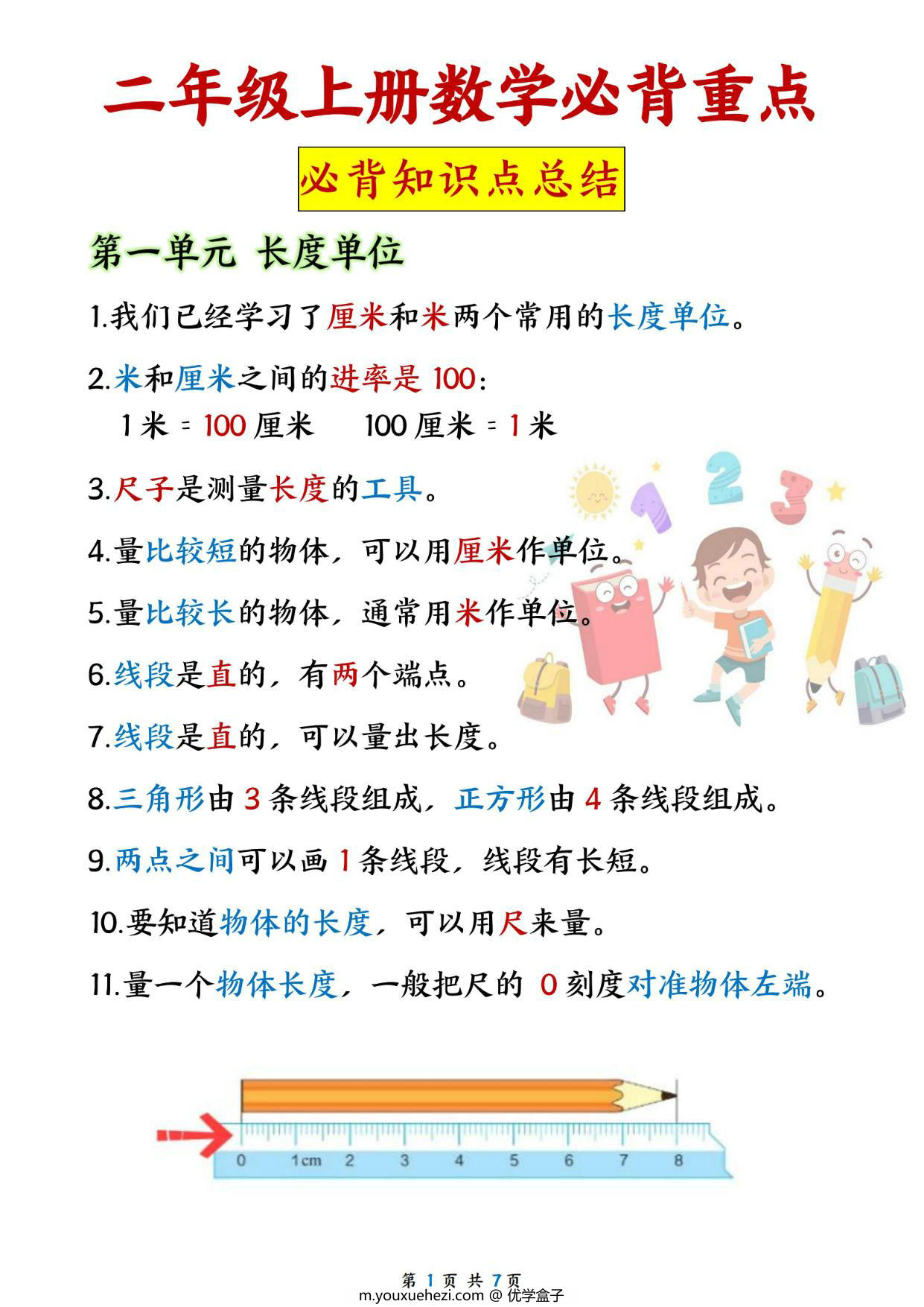 图片[1]-二年级上册数学必背重点（人教版），8页PDF电子版-优学盒子