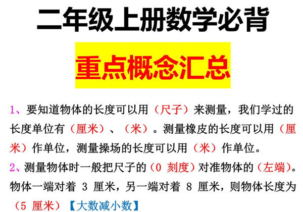 二年级上册数学必背重点概念汇总，3页PDF可打印-优学盒子