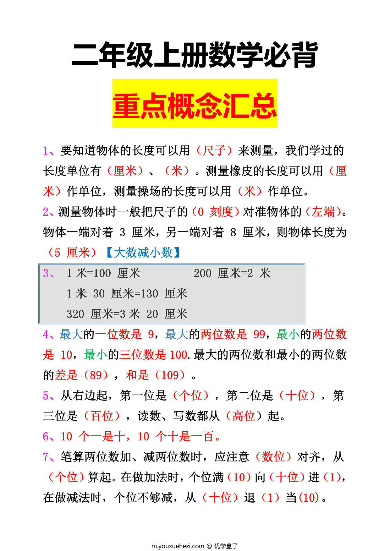 图片[1]-二年级上册数学必背重点概念汇总，3页PDF可打印-优学盒子