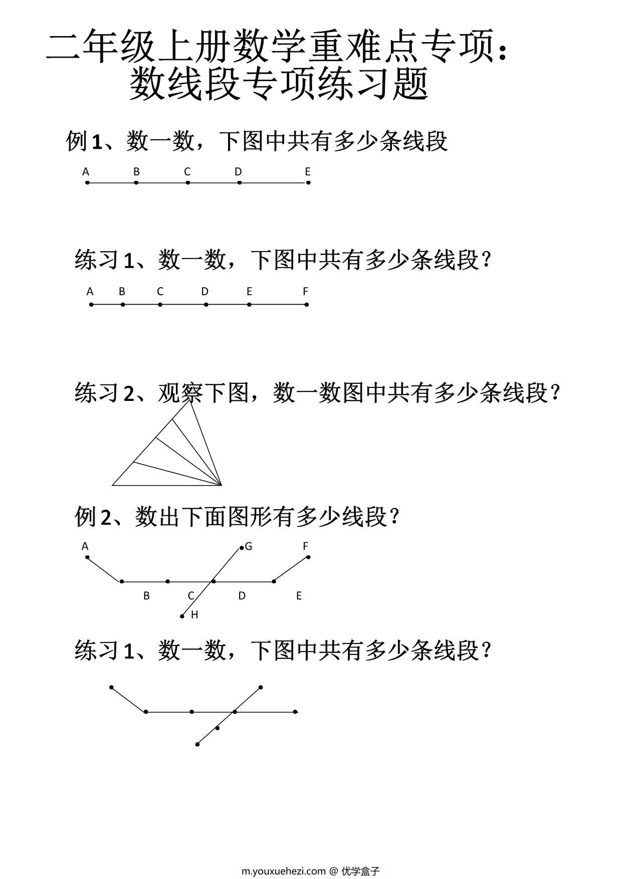 图片[1]-二年级上册数学重难点专项：数线段专项练习题，5页PDF可打印-优学盒子