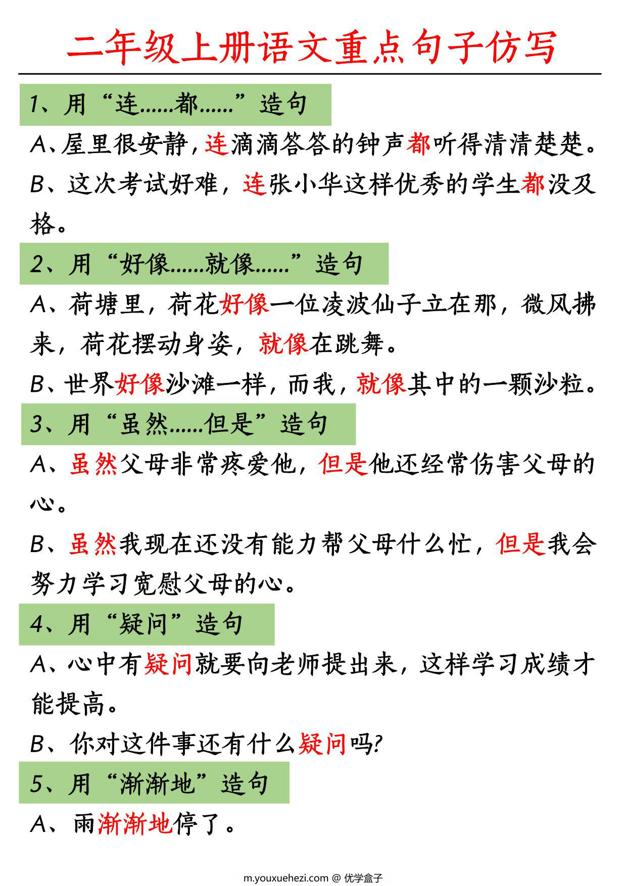 图片[1]-二年级上册语文重点句子仿写，6页PDF可打印-优学盒子