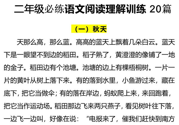 二年级语文阅读理解训练20篇，16页PDF可打印-优学盒子