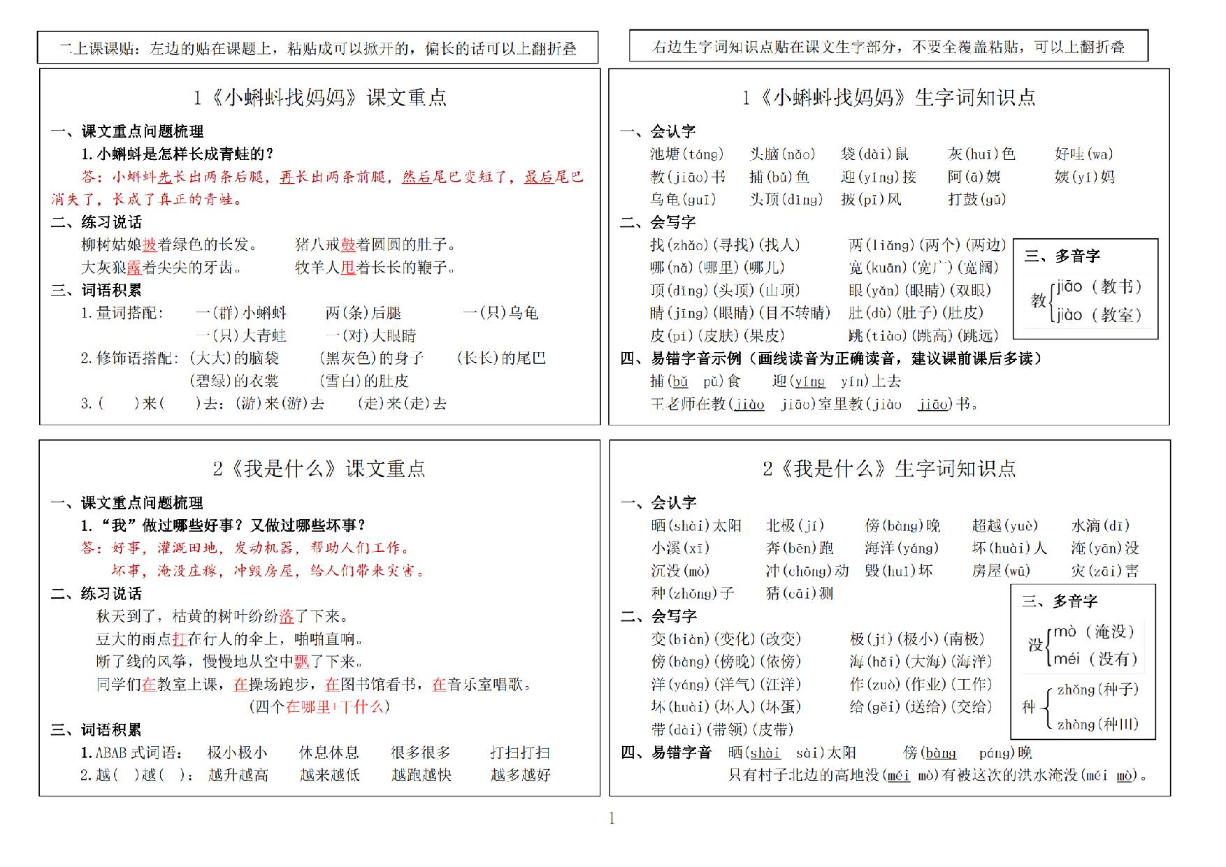 图片[1]-2024秋二年级上册语文新版课课贴-课文重点+生字词知识点，14页PDF电子版-优学盒子
