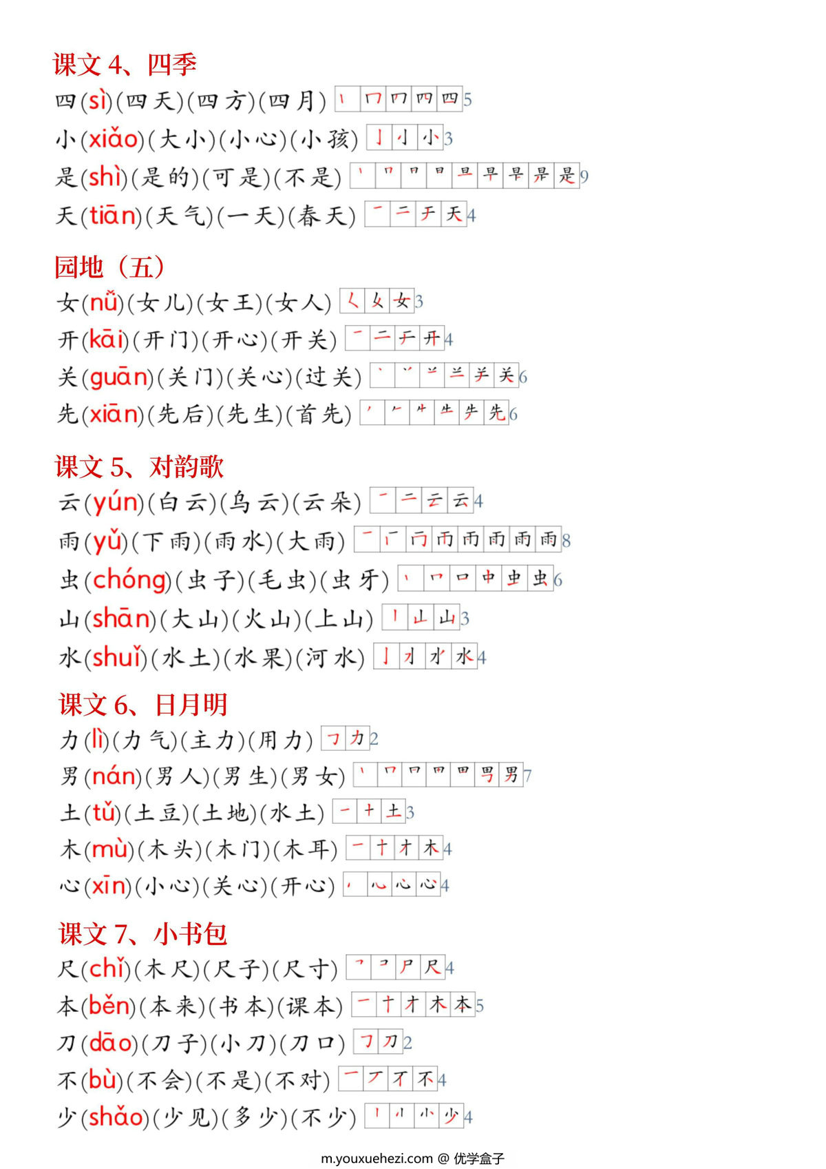 图片[3]-24年新版一年级上册语文生字拼音组词笔顺《生字小贴贴》，5页PDF电子版-优学盒子