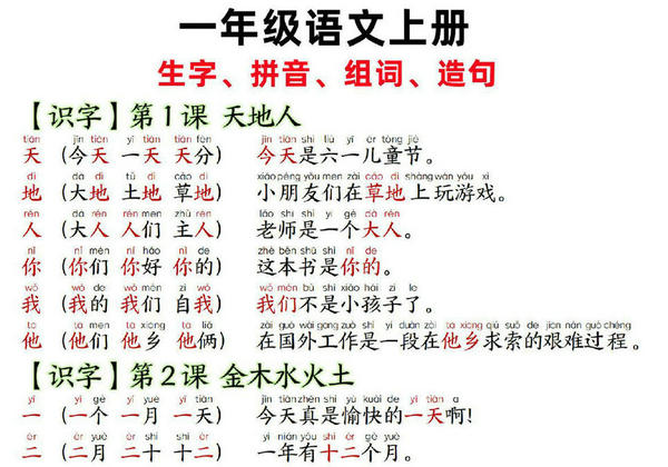 一年级上册语文生字拼音组词造句，14页PDF可打印-优学盒子