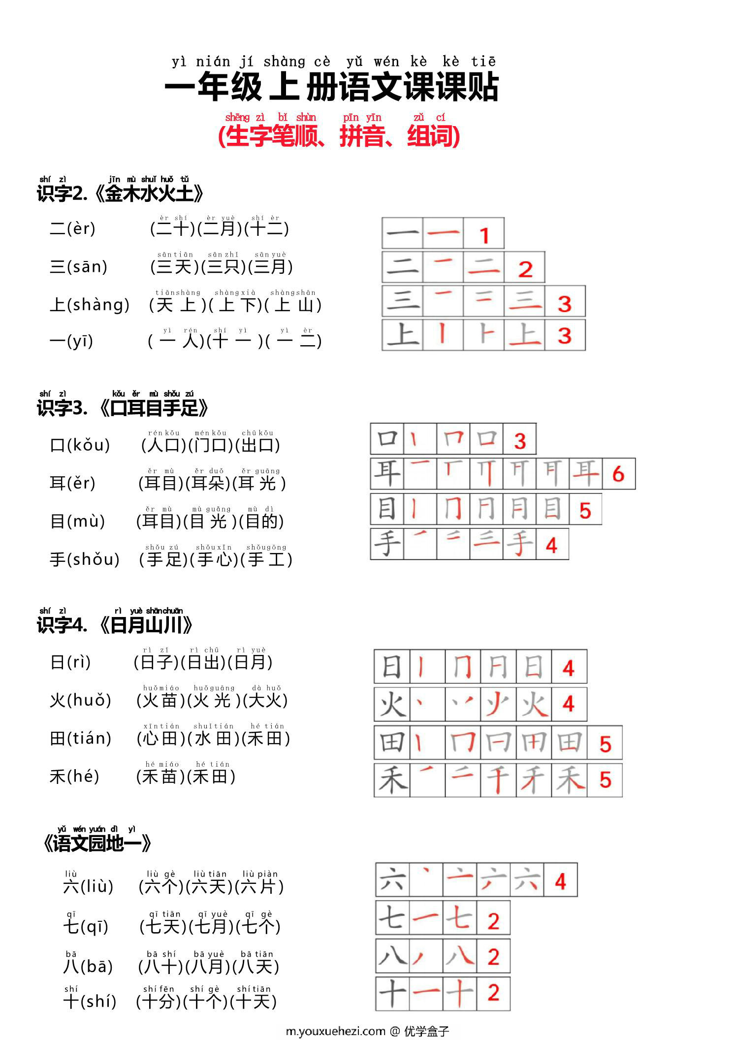 图片[1]-一年级上册语文生字贴（生字笔顺、拼音、组词），5页PDF可打印-优学盒子