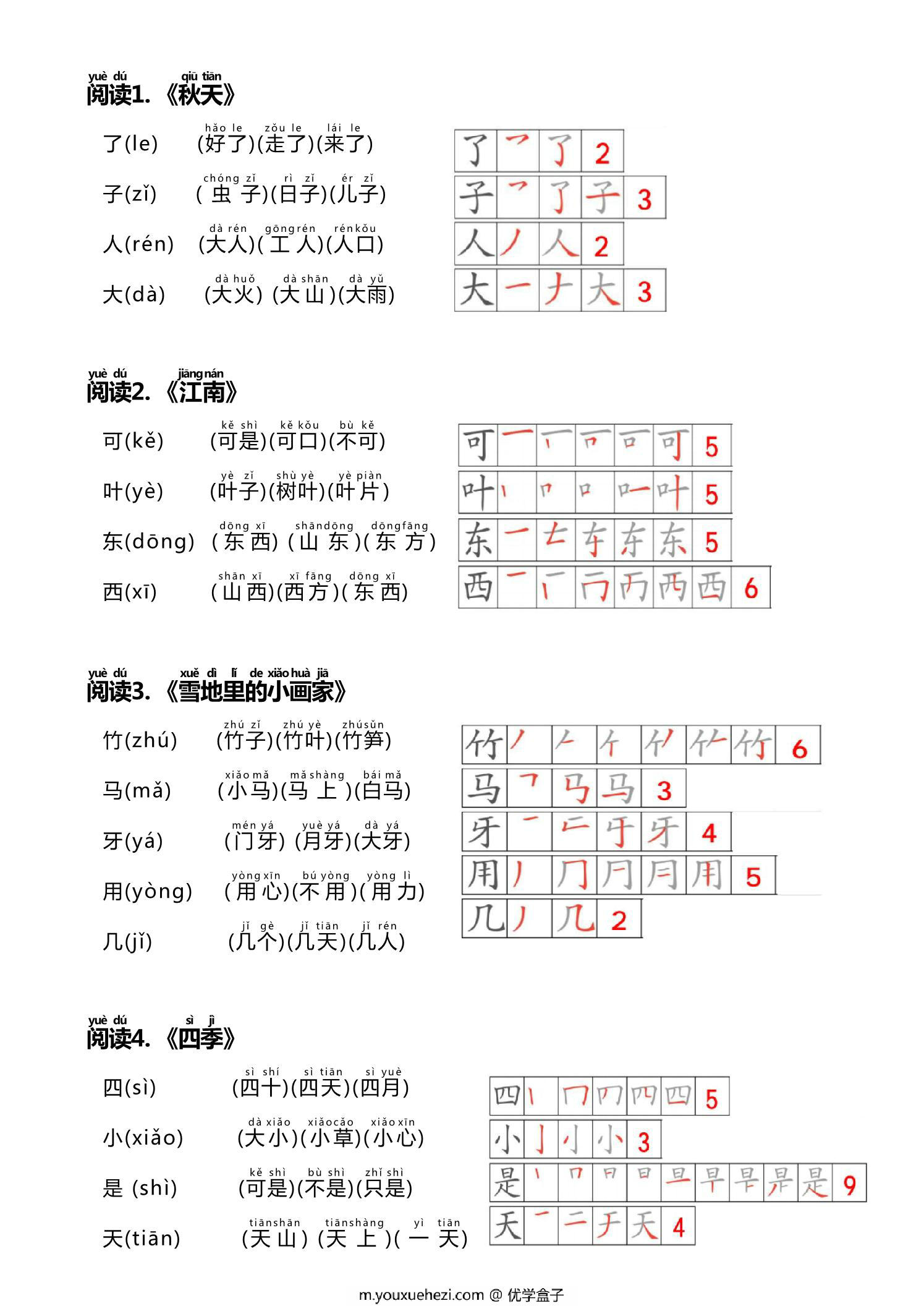图片[2]-一年级上册语文生字贴（生字笔顺、拼音、组词），5页PDF可打印-优学盒子