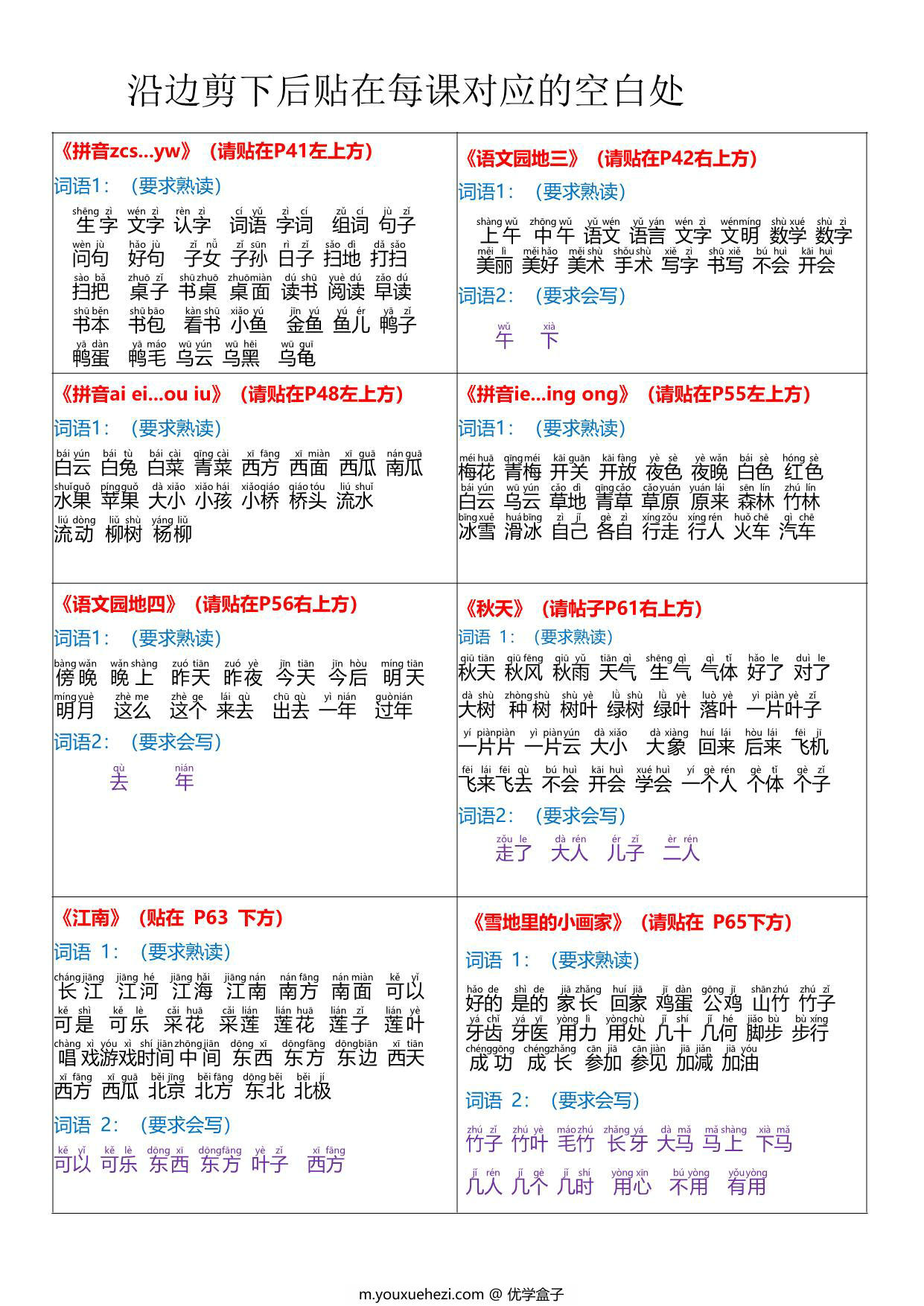 图片[2]-新版一年级上册语文课课贴-每课重点书贴【贴在空白处】，4页PDF可打印-优学盒子