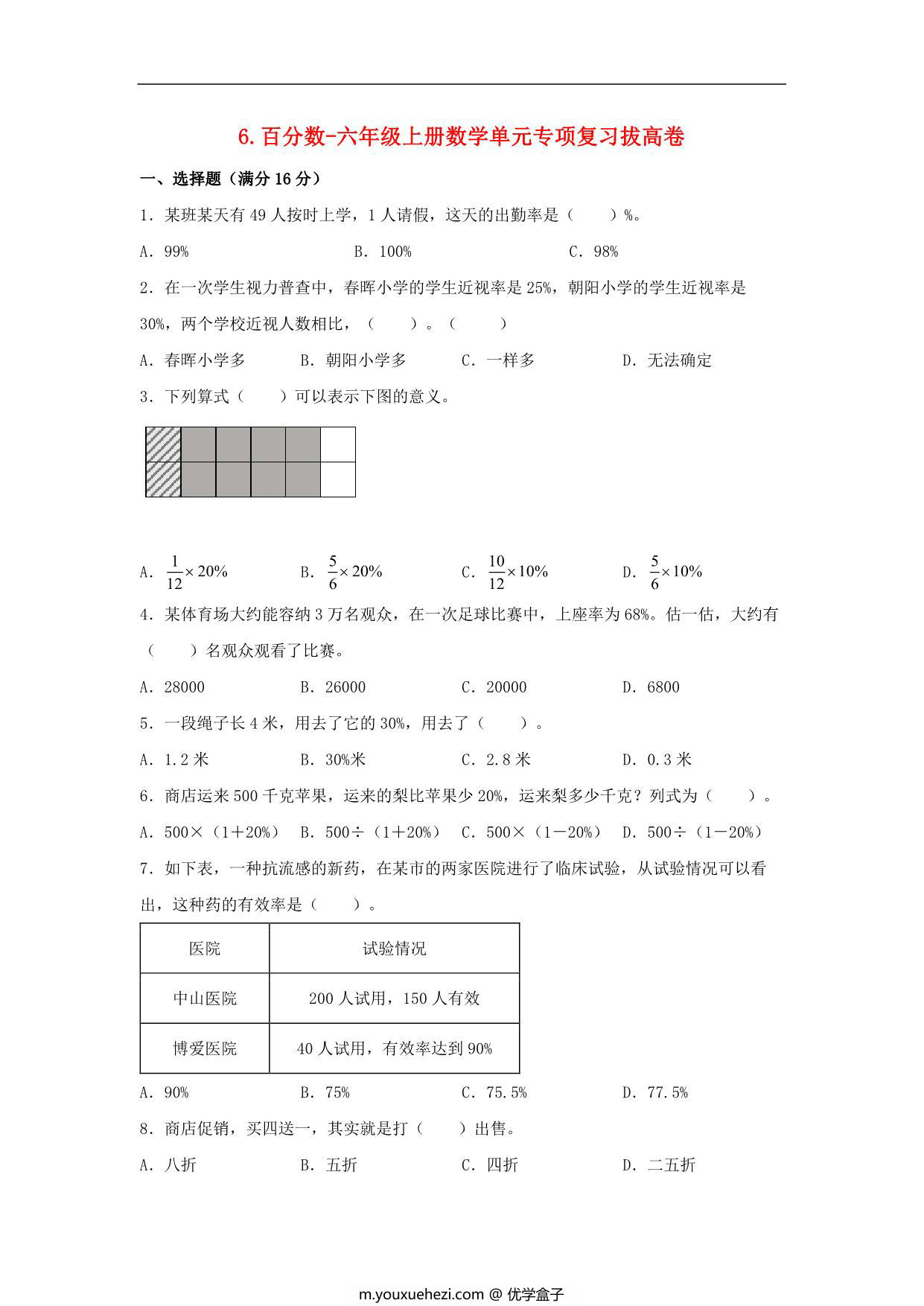 图片[1]-6.百分数-六年级上册数学单元专项复习拔高卷 （苏教版），8页PDF可打印-优学盒子