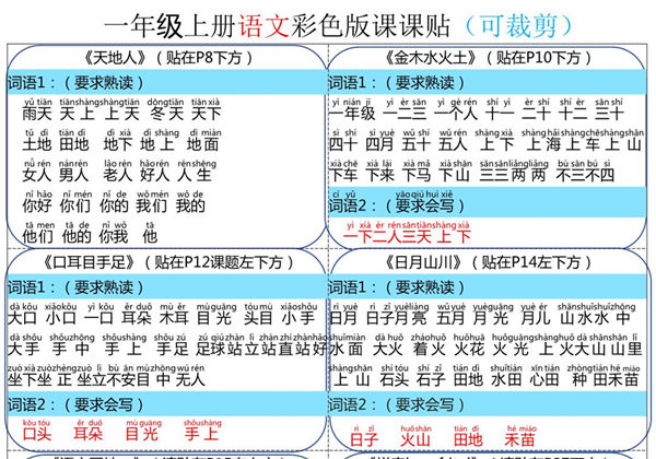 新版一年级上册语文彩色版课课贴，4页PDF可打印-优学盒子