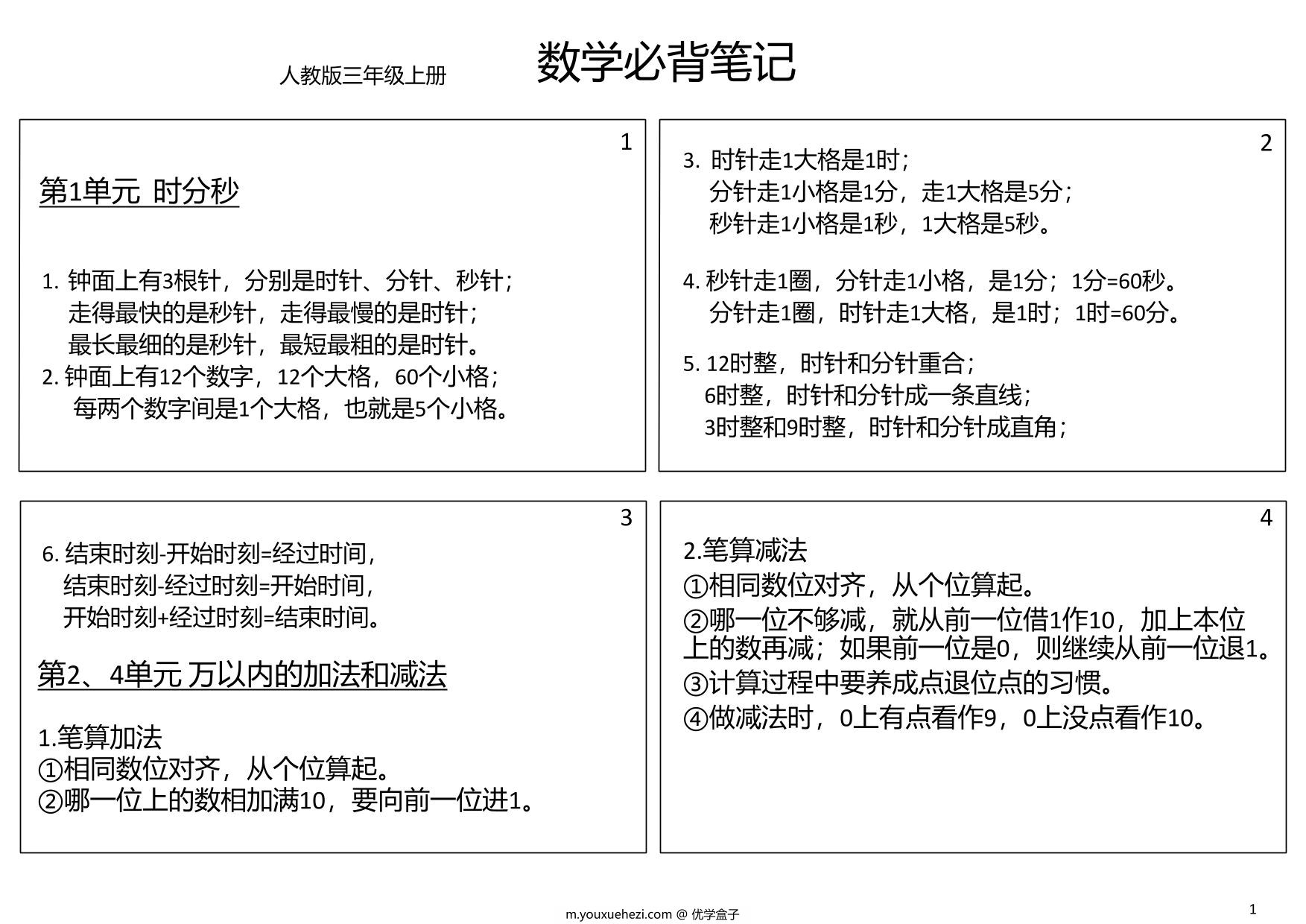 图片[1]-三年级数学上册必背笔记（可做课课贴），5页PDF电子版-优学盒子