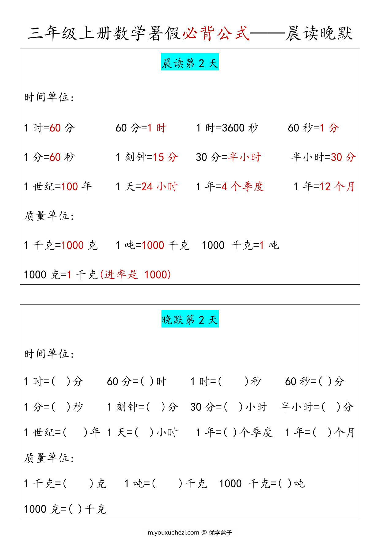 图片[2]-三年级上册数学必背公式汇总晨读晚默，5页PDF电子版-优学盒子