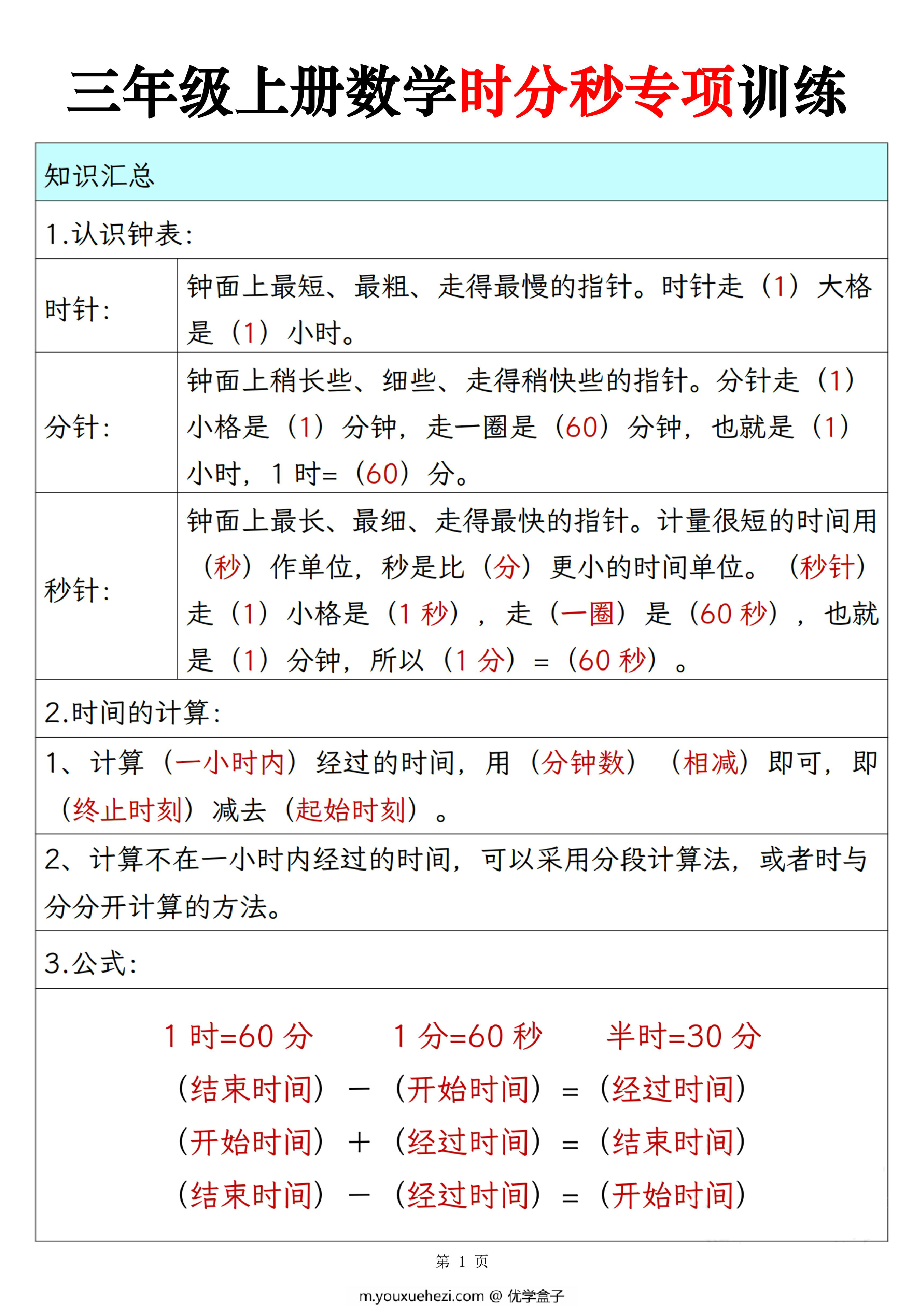 图片[1]-三年级上册数学时分秒专项训练（人教版），10页PDF电子版-优学盒子