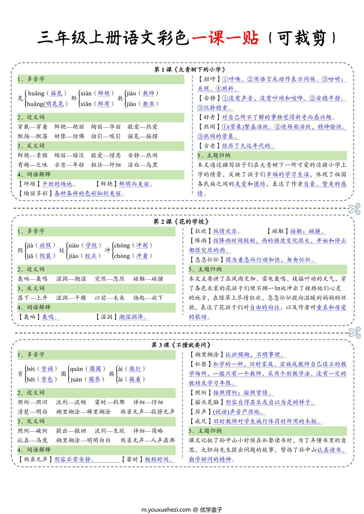 图片[1]-三年级上册语文彩色一课一贴课课贴，10页PDF电子版-优学盒子