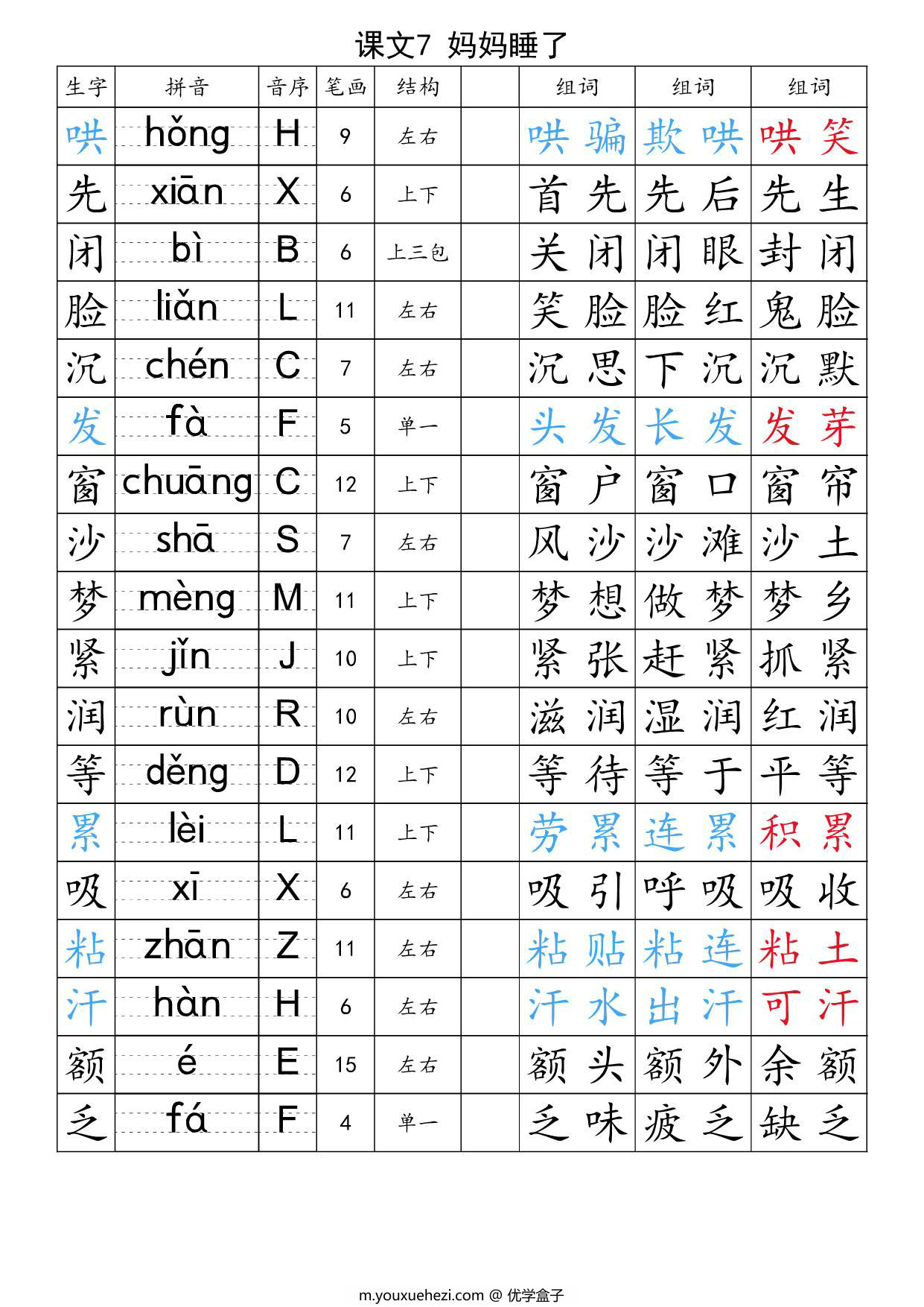 图片[3]-二年级上册语文生字注音组词表-识字表+写字表，47页PDF可打印-优学盒子