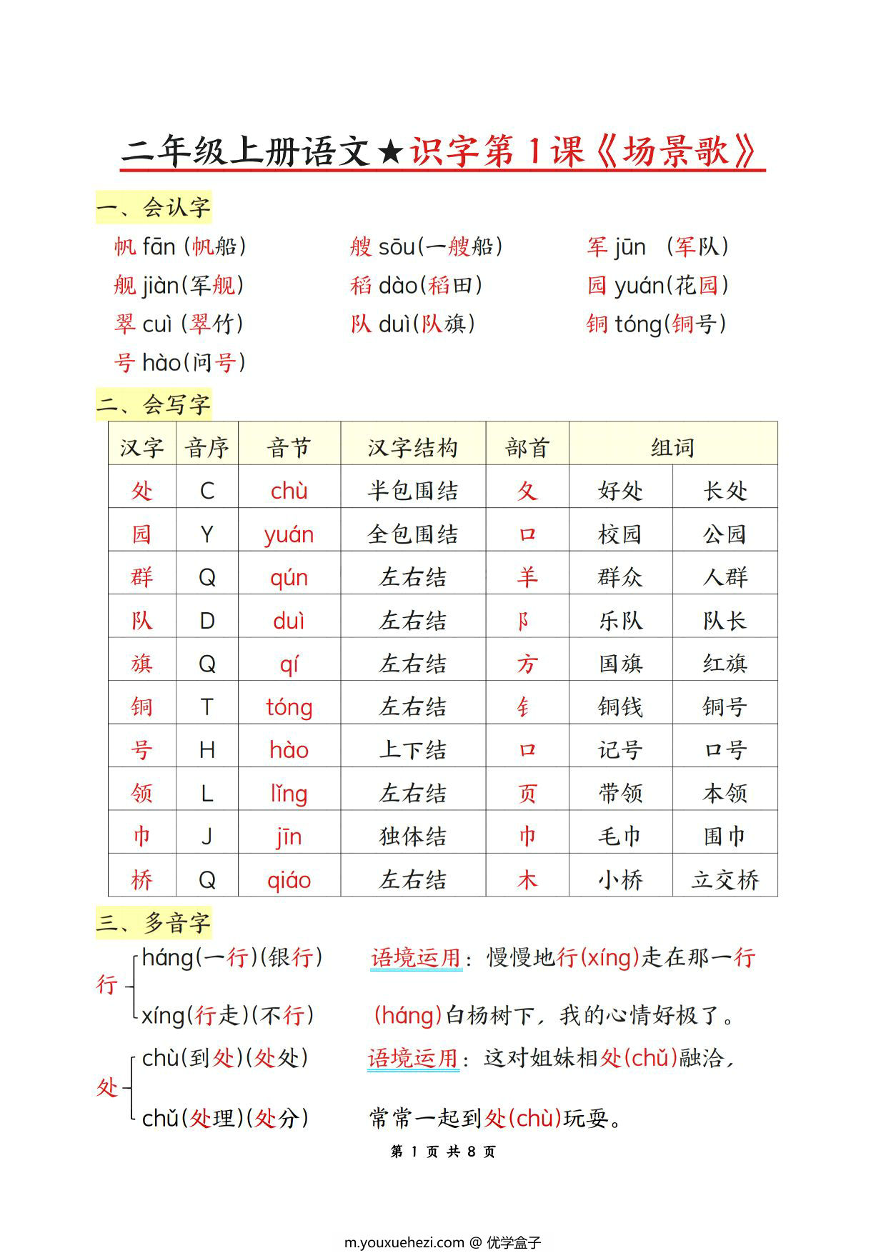 图片[1]-二年级上册语文第二单元每课知识汇总，8页PDF可打印-优学盒子
