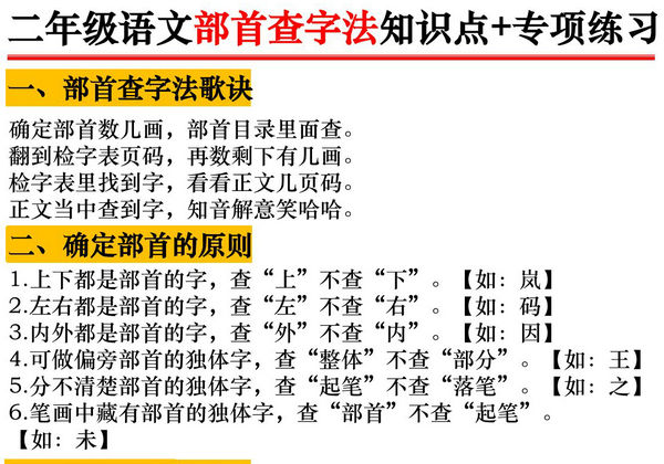 二年级上册语文部首查字法知识点+专项练习，6页PDF可打印-优学盒子