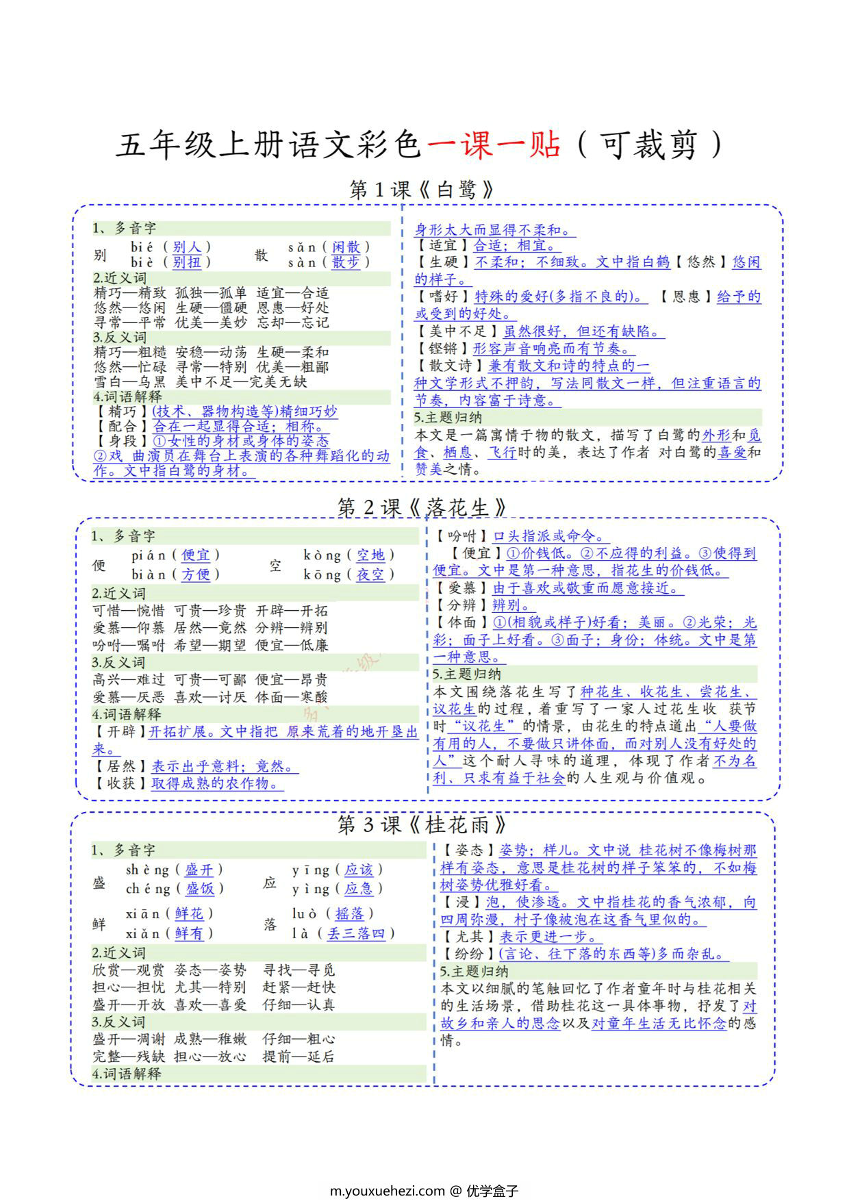 图片[1]-五年级上册语文彩色一课一贴课课贴，4页PDF电子版-优学盒子