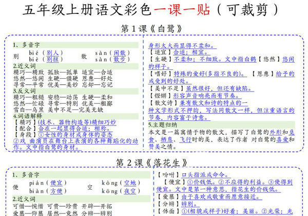 五年级上册语文彩色一课一贴课课贴，4页PDF电子版-优学盒子