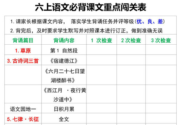 六年级上册语文必背课文重点闯关表，6页PDF电子版-优学盒子