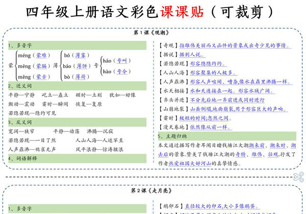 四年级上册语文彩色一课一贴课课贴，14页PDF电子版-优学盒子