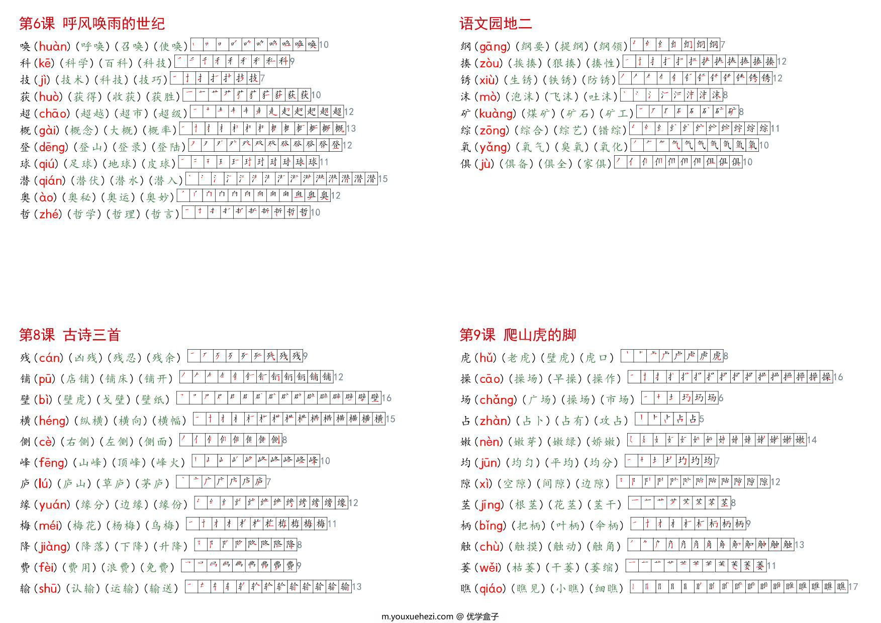 图片[2]-四年级上册语文生字课课贴（生字拼音组词笔顺笔画），6页PDF电子版-优学盒子