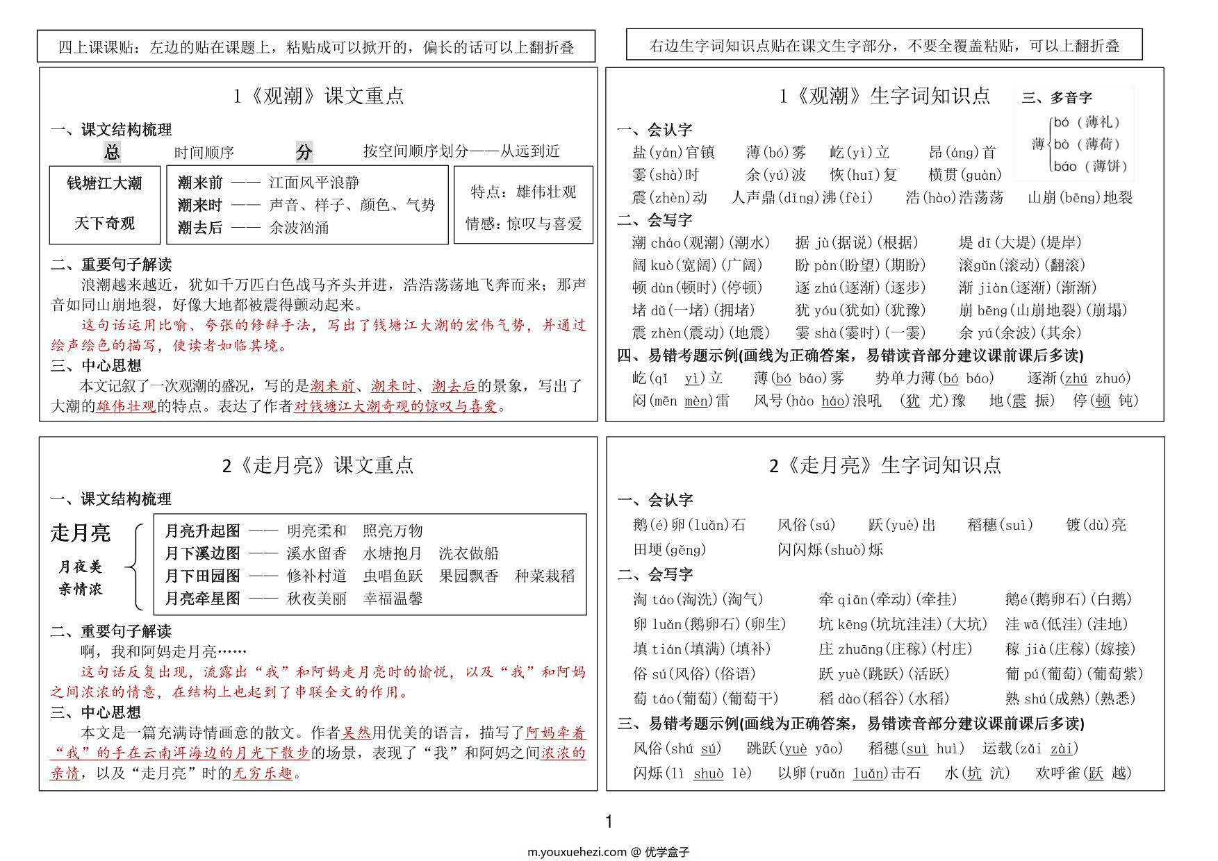 图片[1]-四年级上册语文课课贴（课文重点+生字词知识点），12页PDF可打印-优学盒子