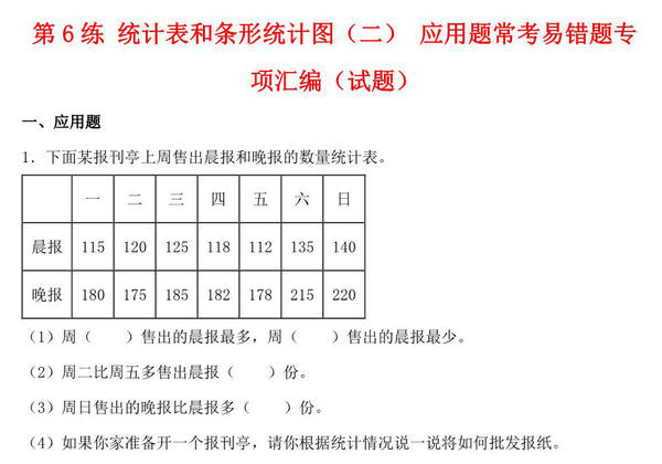 第6练 统计表和条形统计图（二） 应用题常考易错题专项汇编（试题） 小学数学五年级上册（苏教版，含答案），22页PDF可打印-优学盒子