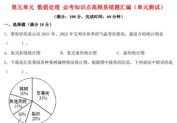 第五单元 数据处理 必考知识点高频易错题汇编（单元测试）小学数学六年级上册（北师大版），15页PDF电子版-优学盒子