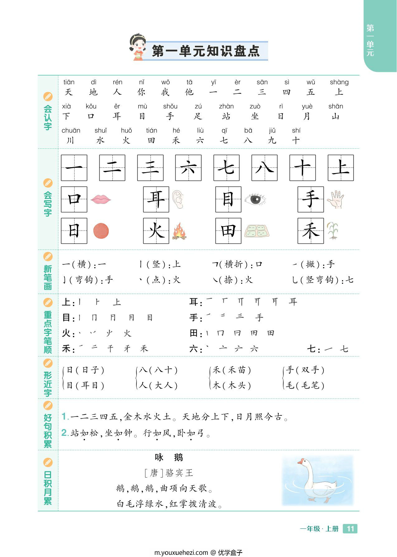 图片[1]-24秋新版一年级上册语文1-8单元《知识盘点》，8页PDF电子版-优学盒子