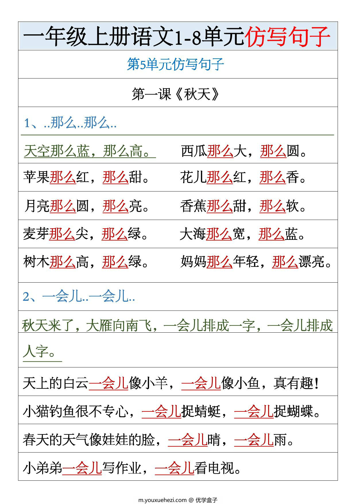 图片[2]-一年级上册语文1-8单元仿写句子汇总，9页PDF电子版-优学盒子