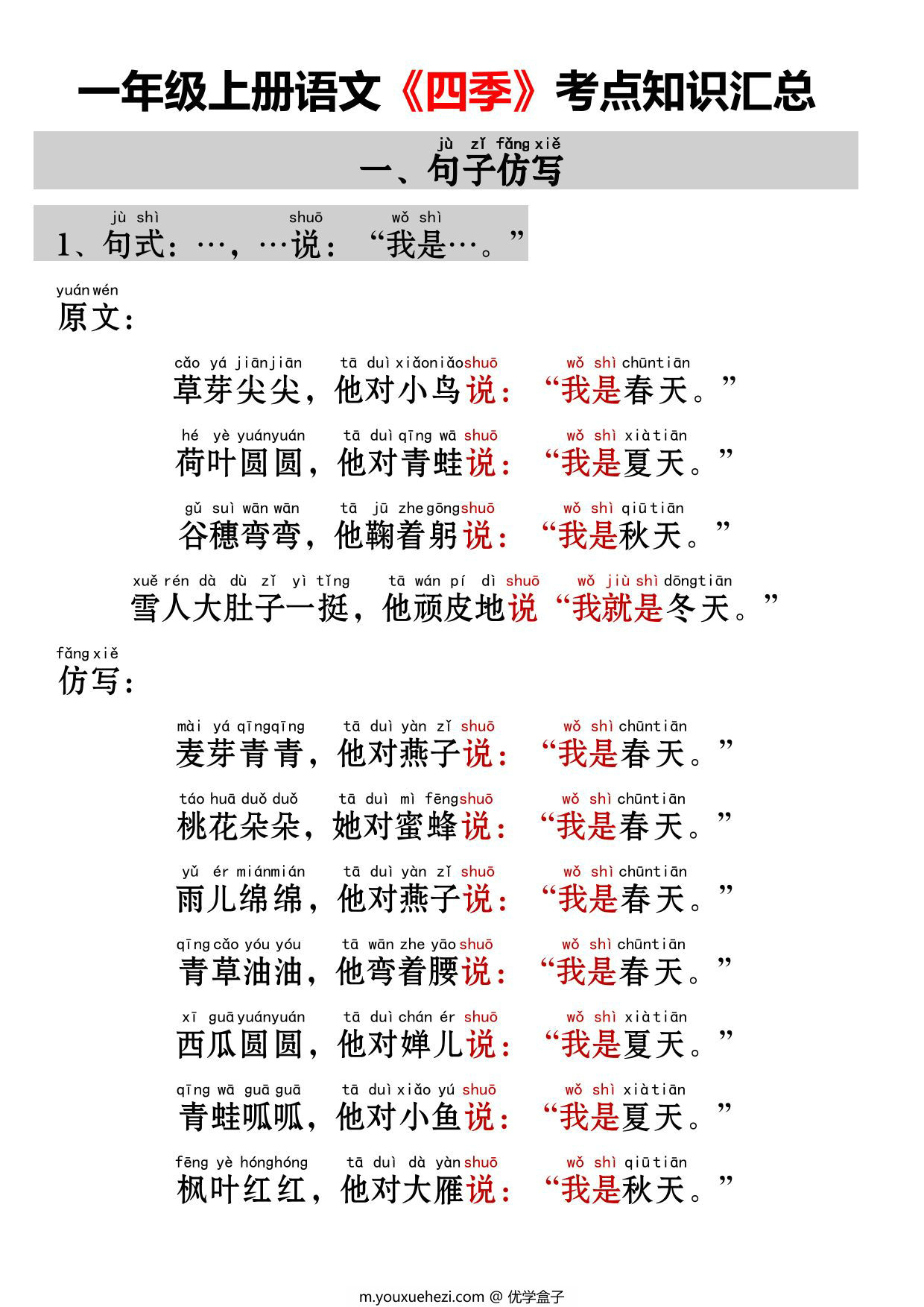 图片[1]-一年级上册语文《四季》考点知识汇总（句子仿写+词语积累+字词总结+练习），4页PDF可打印-优学盒子