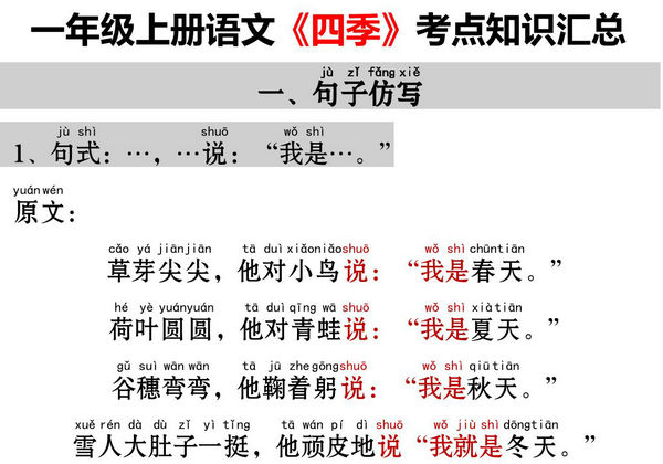 一年级上册语文《四季》考点知识汇总（句子仿写+词语积累+字词总结+练习），4页PDF可打印-优学盒子
