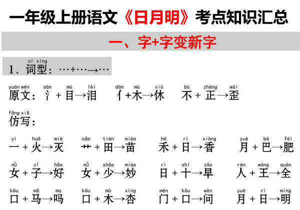 一年级上册语文《日月明》考点知识汇总（字加字变新字+字词总结+练习），3页PDF可打印-优学盒子