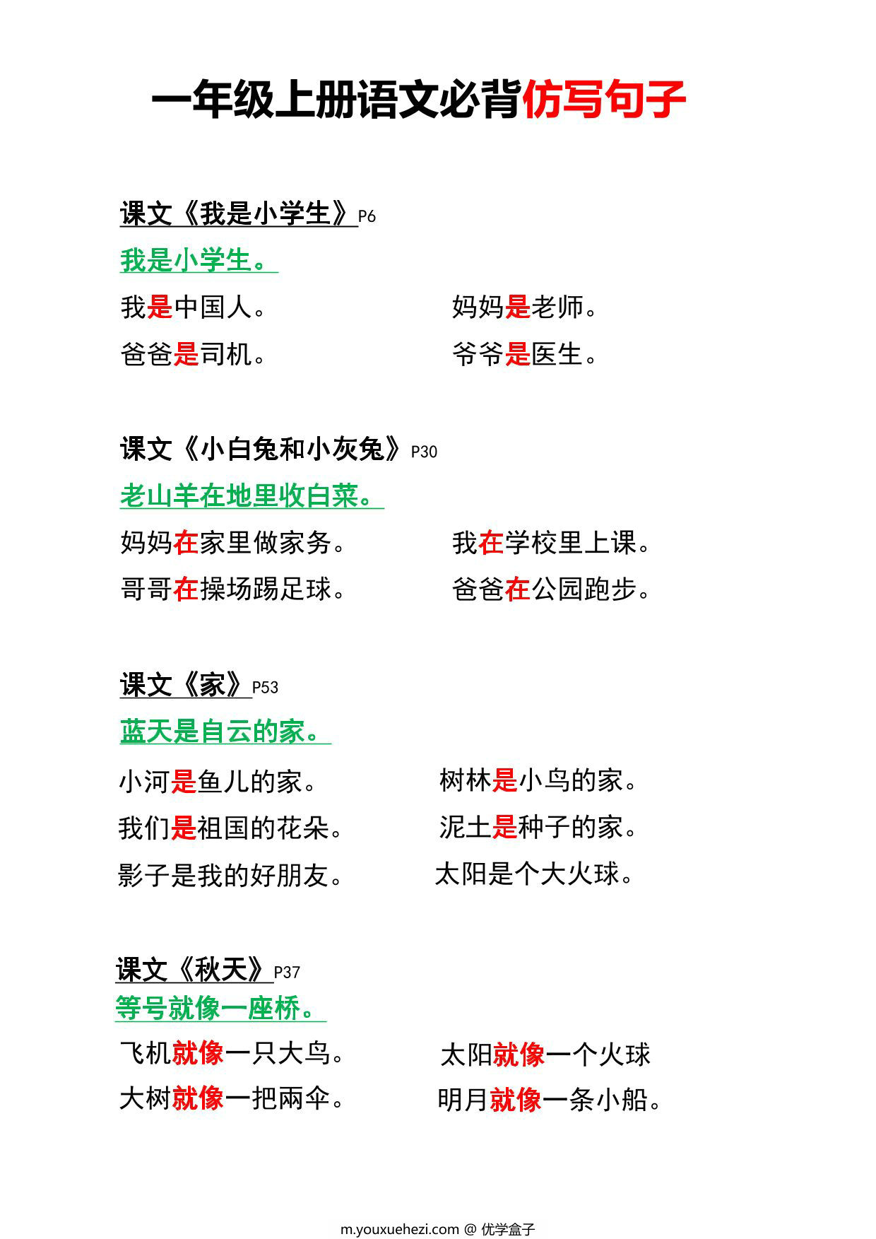 图片[1]-一年级上册语文必背仿写句子，4页PDF可打印-优学盒子