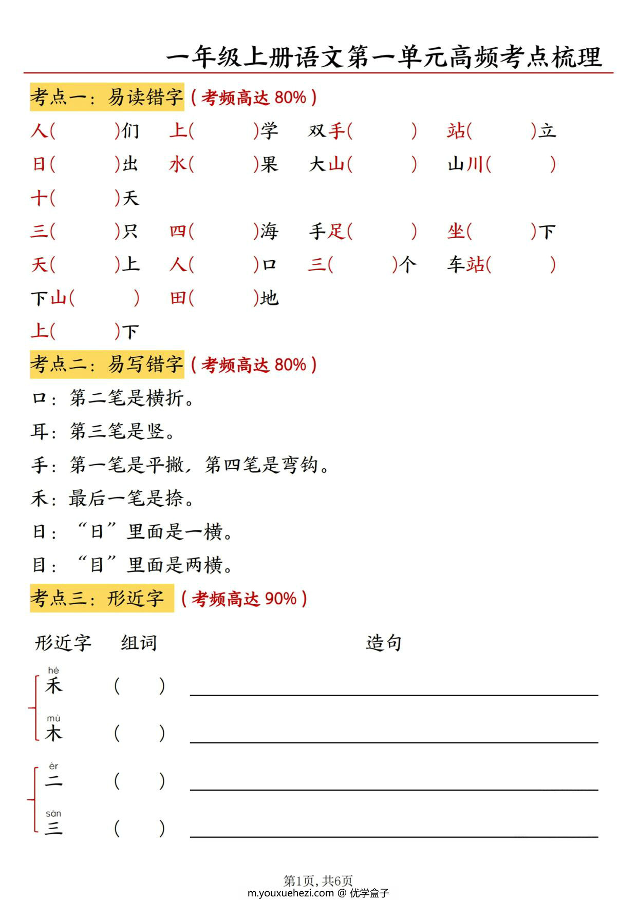 图片[2]-24年秋新版一年级上册语文第一单元高频考点梳理，6页PDF电子版-优学盒子