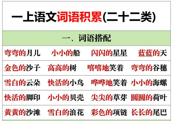 一年级上册语文词语积累(二十二类)，11页PDF电子版-优学盒子
