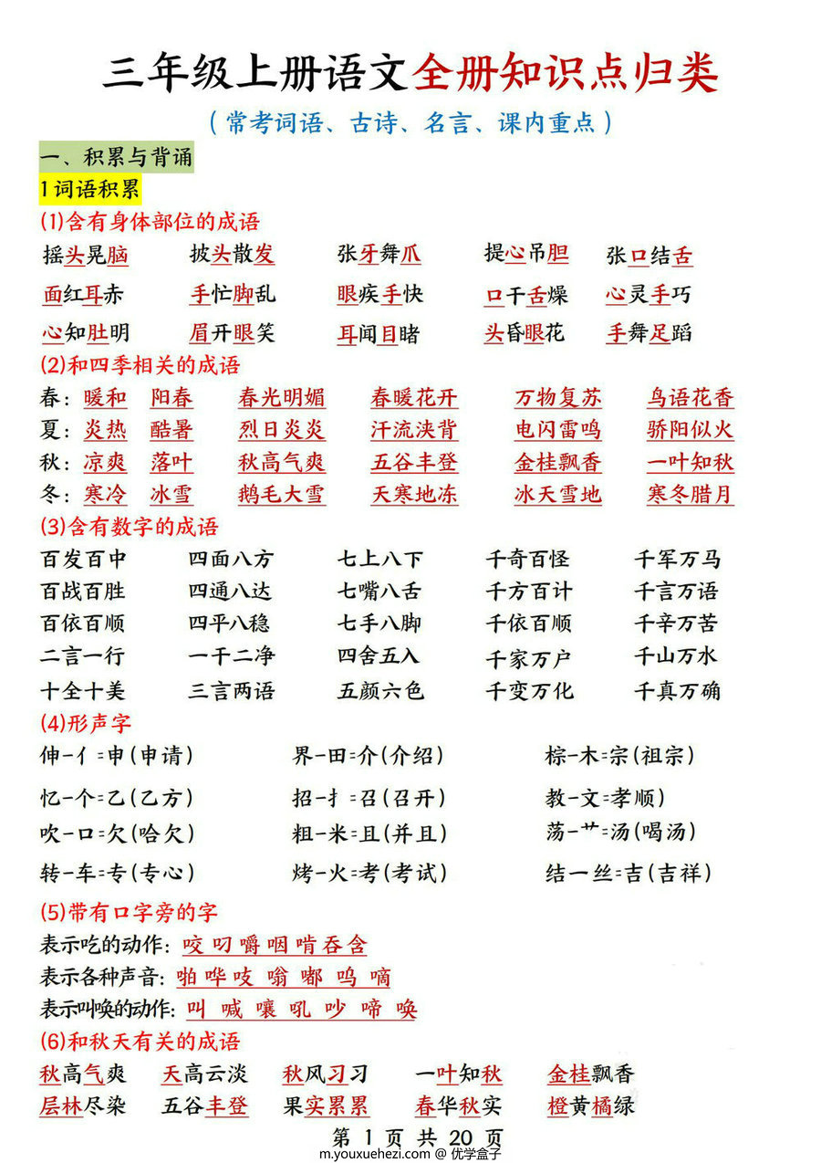 图片[1]-三年级上册语文全册知识点归类（常考词语、古诗、名言、课内重点），20页PDF电子版-优学盒子